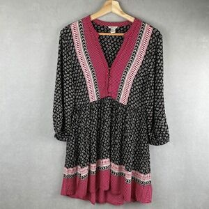 Forever 21 Floral Mixed Print Boho Peasant Mini Dress Black Red 3/4 Sleeve Wmn L